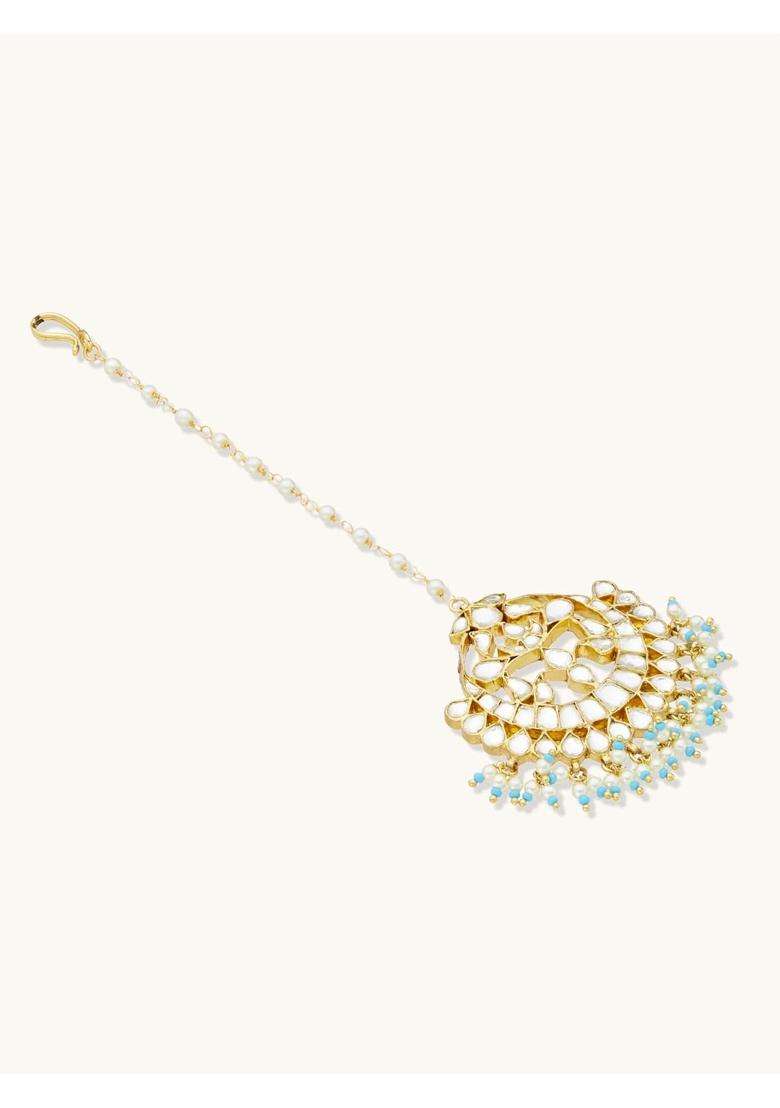 Nuyug 22K Gold Plated Maang Tikka with Pearls and Aqua Stones - Indya