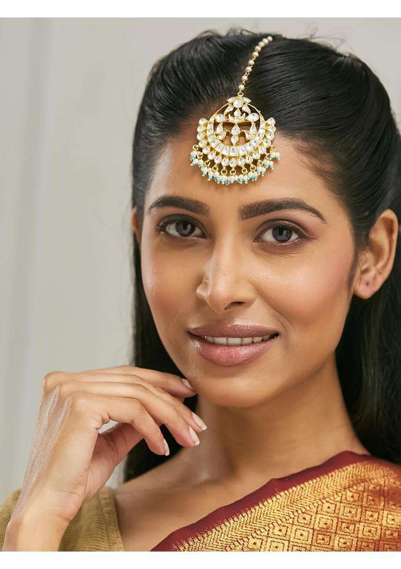 Nuyug 22K Gold Plated Maang Tikka with Pearls and Aqua Stones - Indya