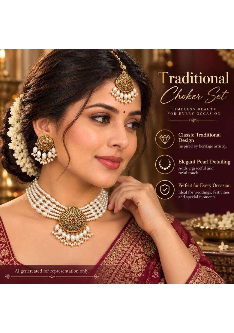 Antique Gold Tone Pearl Choker Necklace Set for Women with Earrings and Maang Tikka - Indya