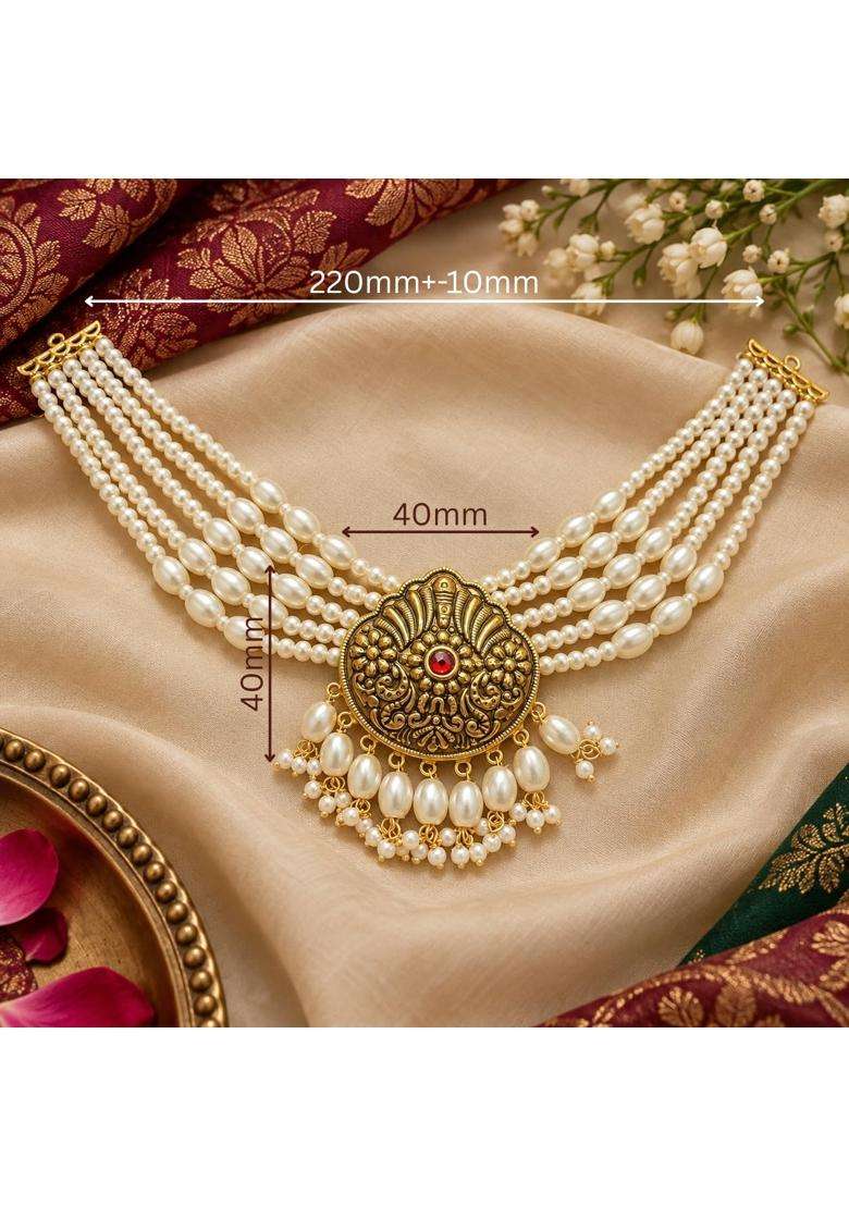 Antique Gold Tone Pearl Choker Necklace Set for Women with Earrings and Maang Tikka - Indya