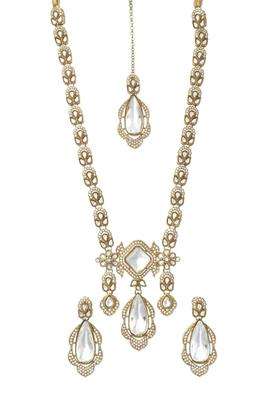 Meira Jewellery Premium Traditional Gold Plated Long Haar Kundan Polki Necklace Set with Matching Teardrop
