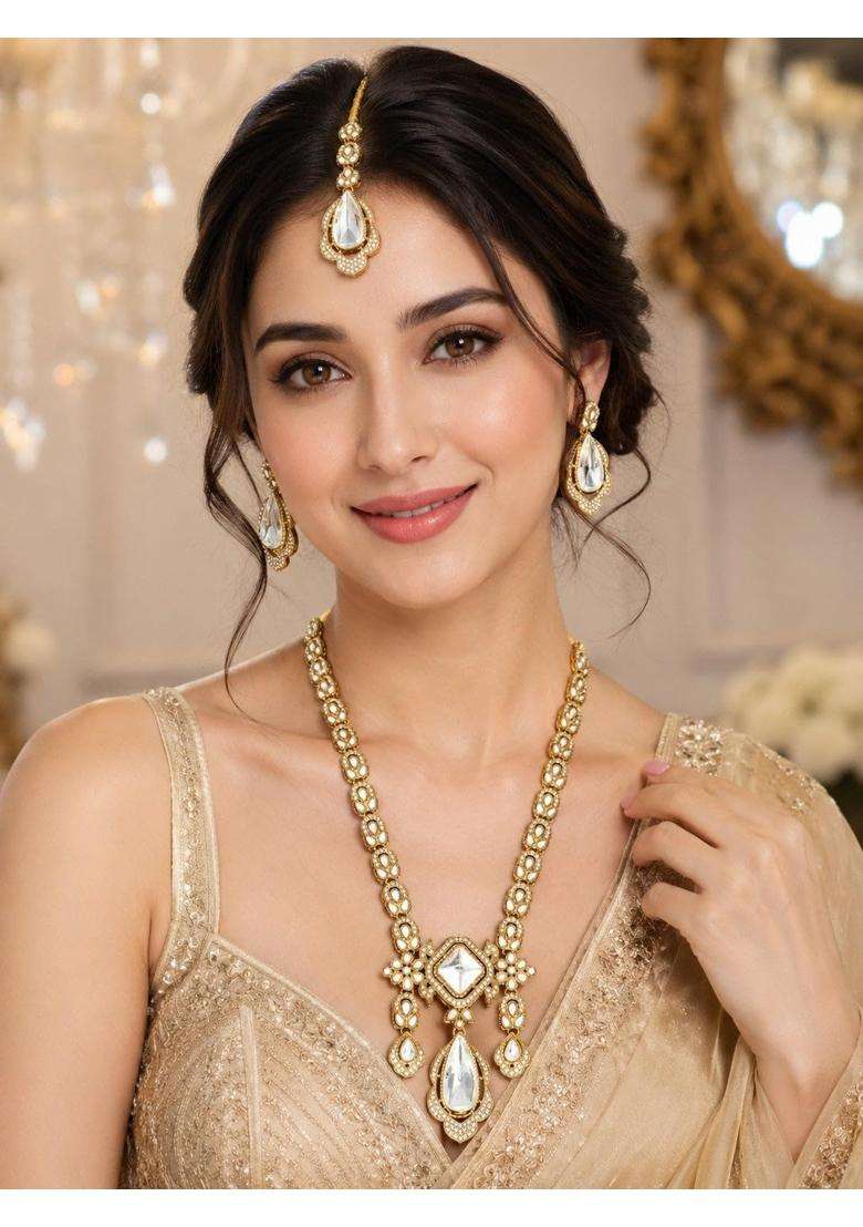 Meira Jewellery Premium Traditional Gold Plated Long Haar Kundan Polki Necklace Set with Matching Teardrop - Indya