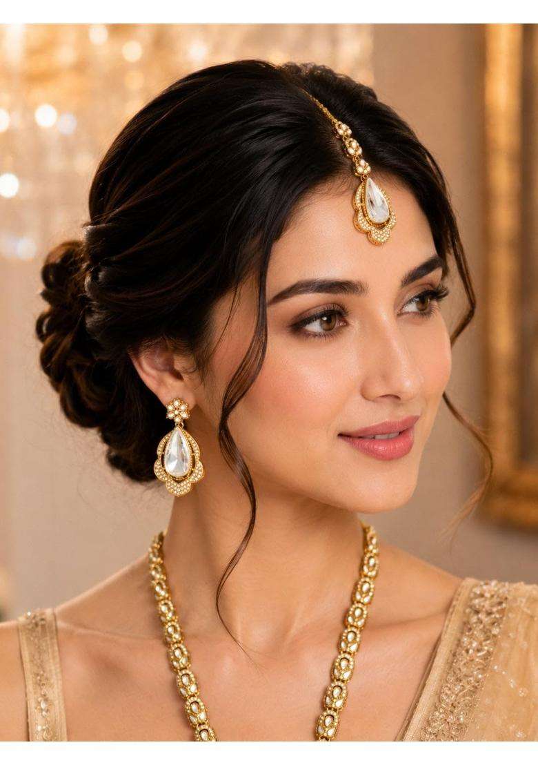 Meira Jewellery Premium Traditional Gold Plated Long Haar Kundan Polki Necklace Set with Matching Teardrop - Indya