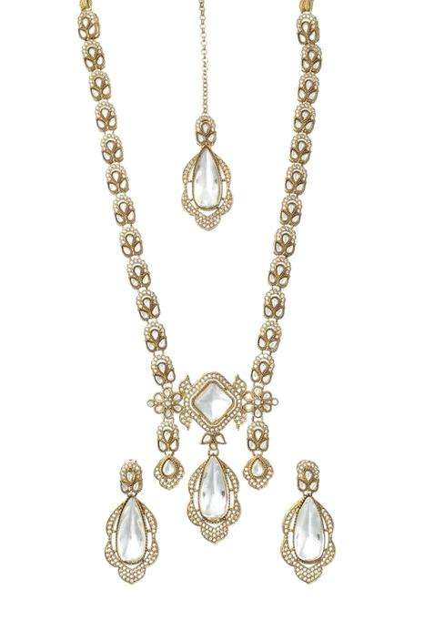 Meira Jewellery Premium Traditional Gold Plated Long Haar Kundan Polki Necklace Set with Matching Teardrop