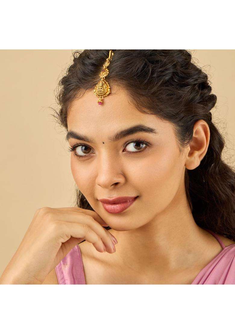 Kushals Fashion Jewellery Ruby Oxidised Gold Plated 925 Silver Temple Maang Tikka for Women - Indya