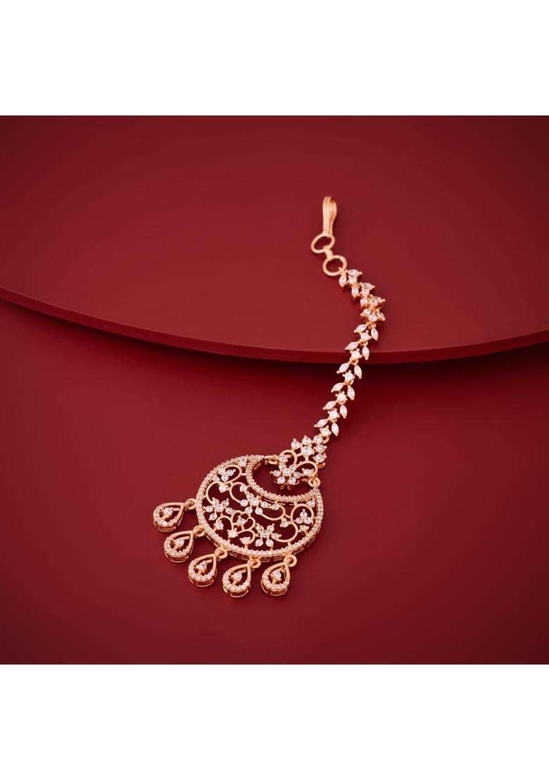 Kushals Fashion Jewellery White Gold Rose Plated Zircon Maang Tikka for Women - Indya