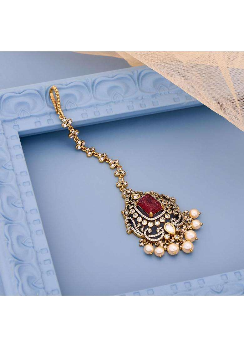 Kushals Fashion Jewellery Ruby Victorian Polished Kundan Maang Tikka for Women - Indya