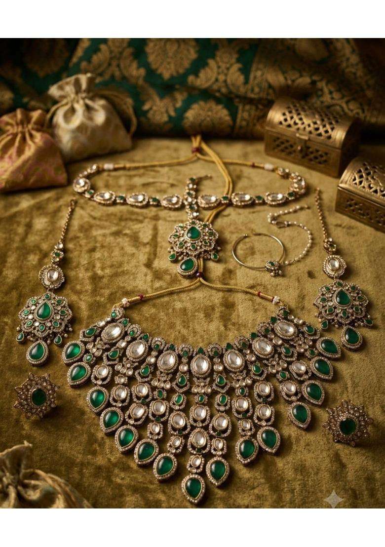 Royal Kundan and Emerald Green Bridal Jewelry Set for Women Heavy Necklace Maang Tikka Sheeshpatti Earrings - Indya