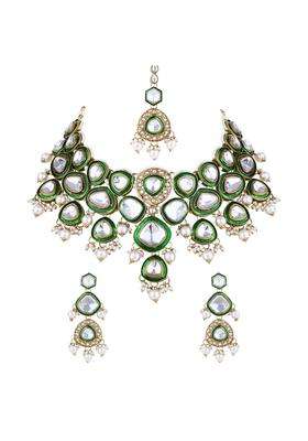 I Jewels Gold Plated Traditional Kundan and Pearl Drop Bridal Necklace with Earrings and Maang Tikka Jewellery