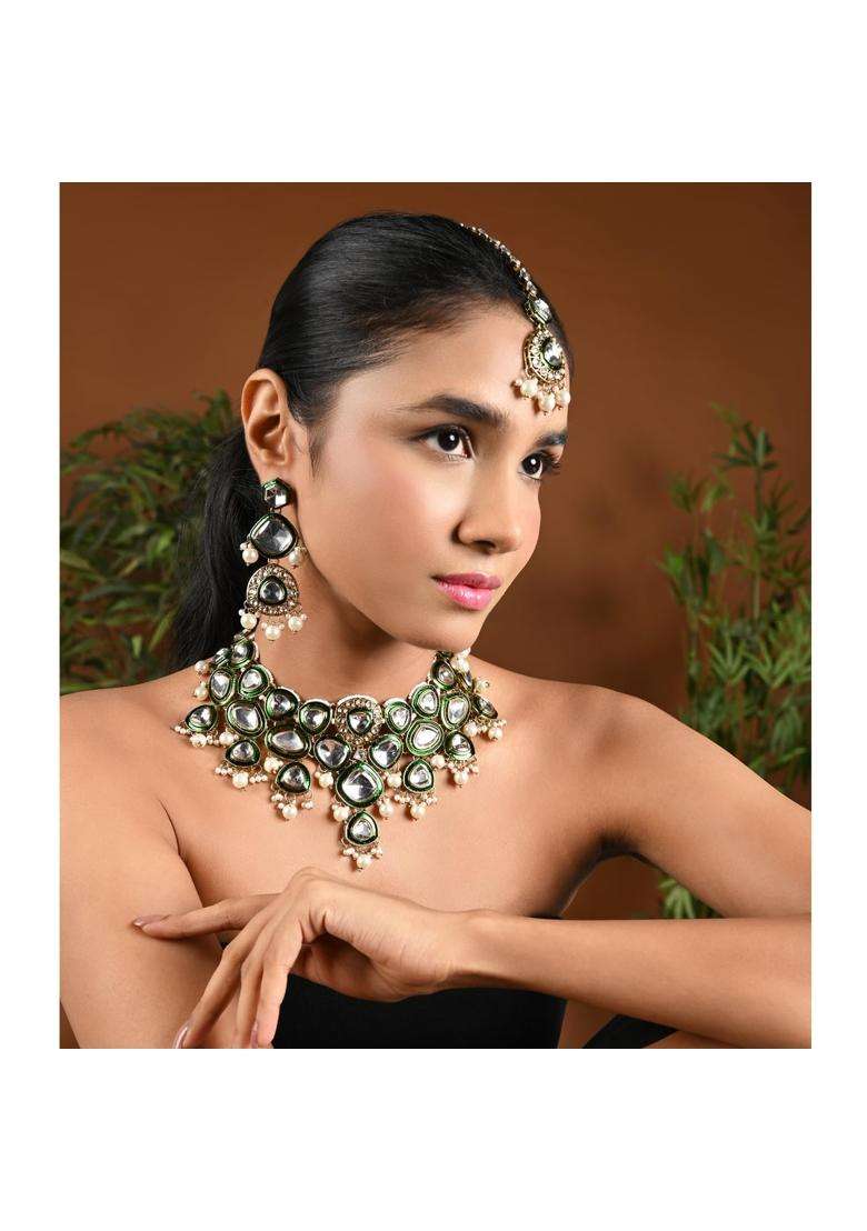 I Jewels Gold Plated Traditional Kundan and Pearl Drop Bridal Necklace with Earrings and Maang Tikka Jewellery - Indya