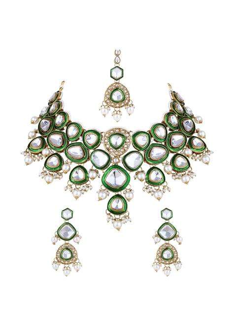 I Jewels Gold Plated Traditional Kundan and Pearl Drop Bridal Necklace with Earrings and Maang Tikka Jewellery