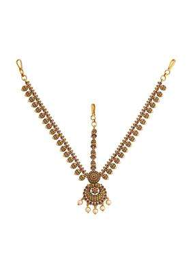 Kushals Fashion Jewellery Ruby Green Gold Polished Antique Maang Tikka for Women