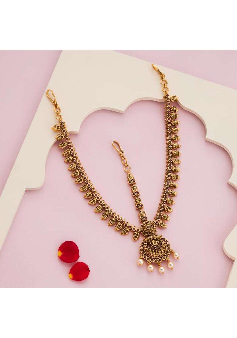 Kushals Fashion Jewellery Ruby Green Gold Polished Antique Maang Tikka for Women - Indya
