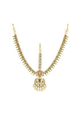 Kushals Fashion Jewellery Ruby Green Gold Plated Antique Maang Tikka for Women