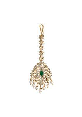 Kushals Fashion Jewellery Ruby Gold Polished Zircon Maang Tikka for Women