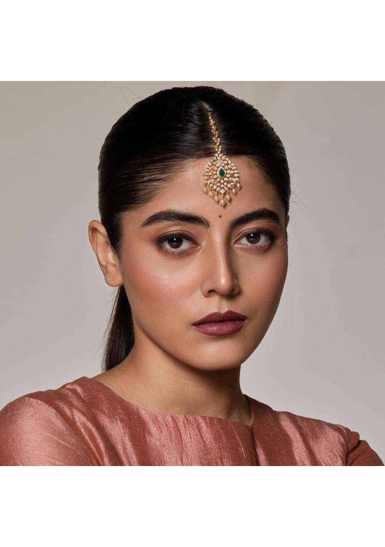Kushals Fashion Jewellery Ruby Gold Polished Zircon Maang Tikka for Women - Indya