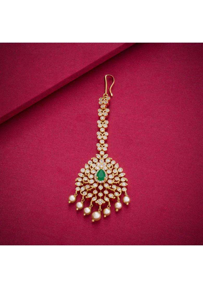 Kushals Fashion Jewellery Ruby Gold Polished Zircon Maang Tikka for Women - Indya