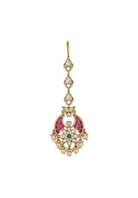 Kushals Fashion Jewellery Ruby Green Victorian Plated Kundan Maang Tikka for Women