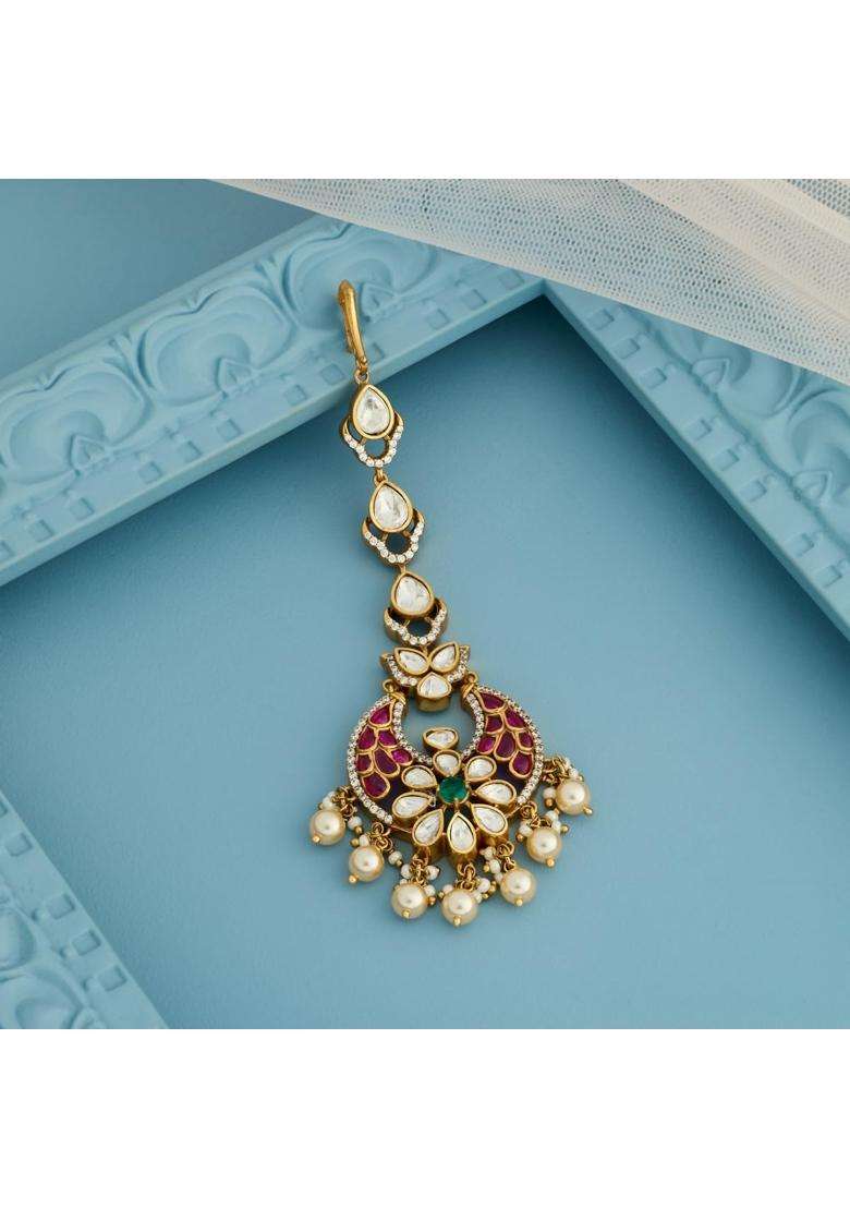 Kushals Fashion Jewellery Ruby Green Victorian Plated Kundan Maang Tikka for Women - Indya