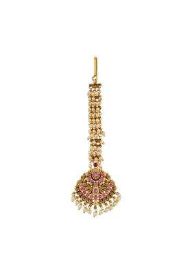 Kushals Fashion Jewellery Ruby Gold Plated Antique Maang Tikka for Women