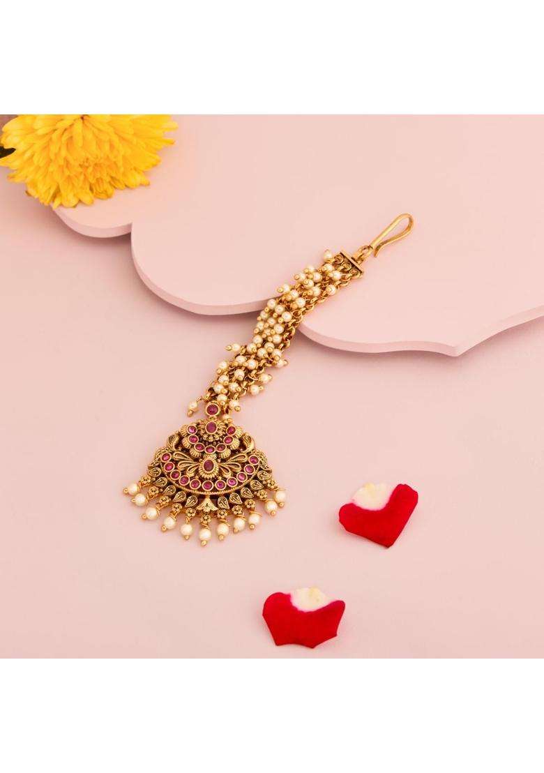 Kushals Fashion Jewellery Ruby Gold Plated Antique Maang Tikka for Women - Indya