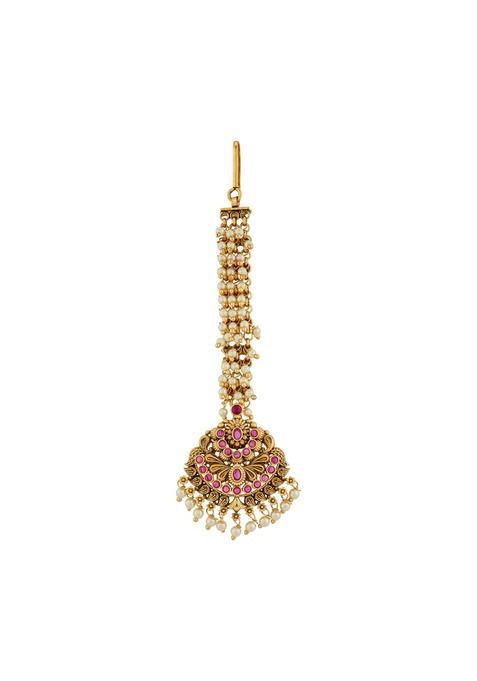 Kushals Fashion Jewellery Ruby Gold Plated Antique Maang Tikka for Women