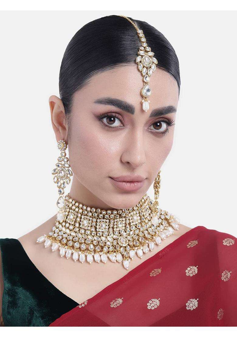 Peora Indian Ethnic Gold Plated Padmavati Kundan Pearl Bridal Choker Necklace Earrings with Maang Tikka - Indya