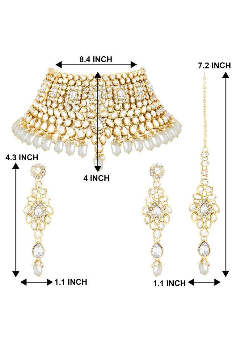 Peora Indian Ethnic Gold Plated Padmavati Kundan Pearl Bridal Choker Necklace Earrings with Maang Tikka - Indya