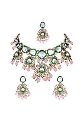 I Jewels Gold Plated Traditional Kundan and Pearl Drop Bridal Necklace with Earrings and Maang Tikka Jewellery