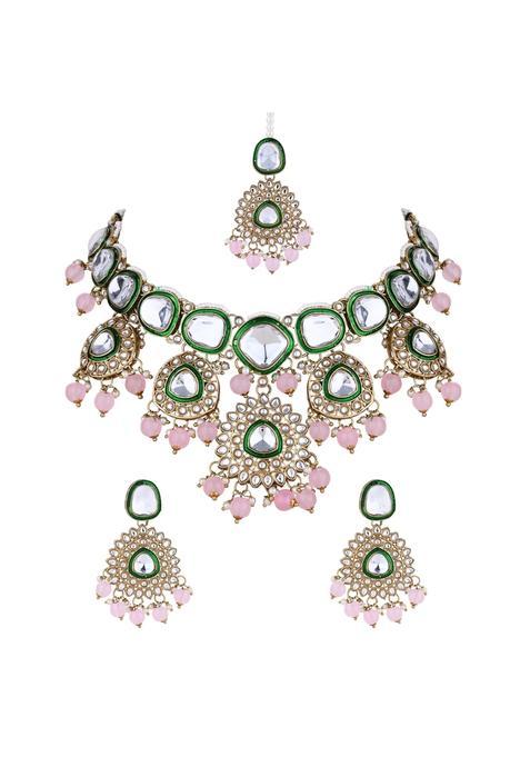 I Jewels Gold Plated Traditional Kundan and Pearl Drop Bridal Necklace with Earrings and Maang Tikka Jewellery
