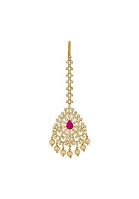 Kushals Fashion Jewellery Ruby Gold Polished Zircon Maang Tikka for Women