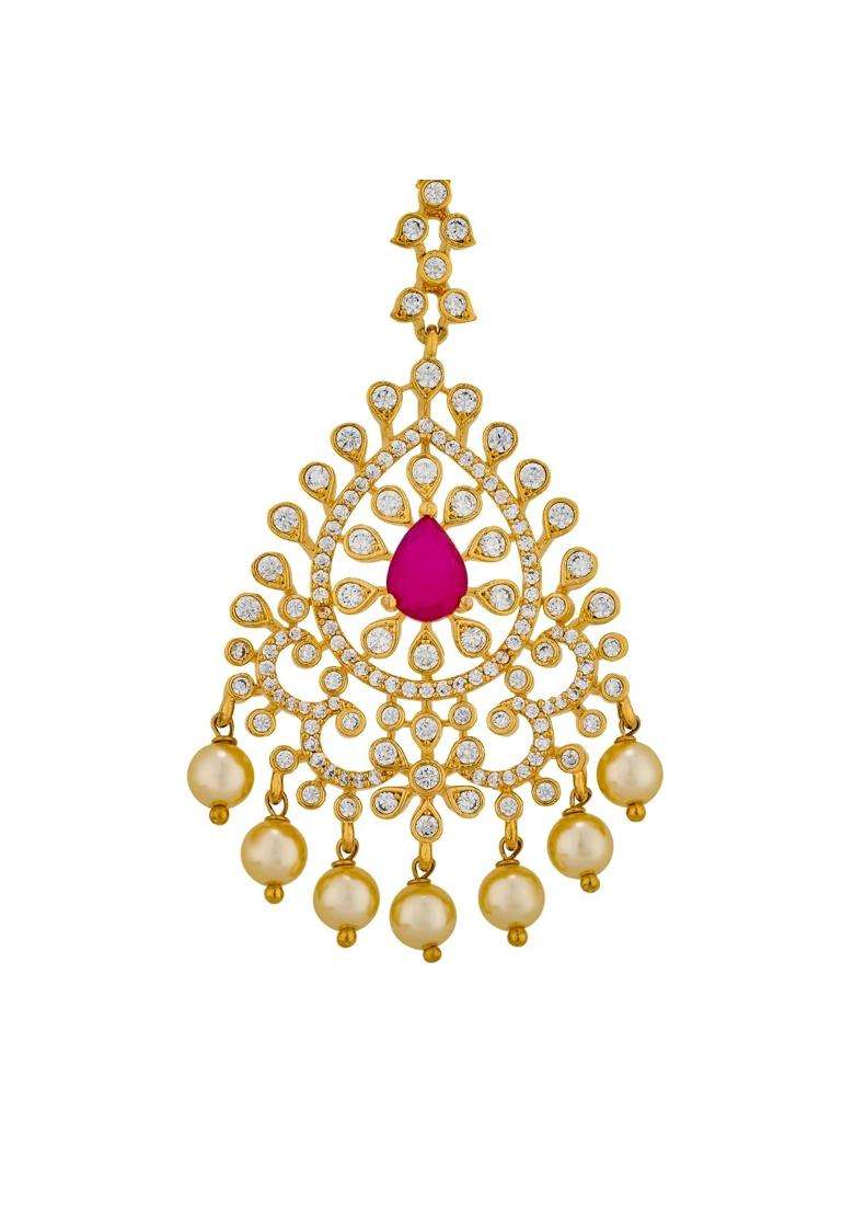 Kushals Fashion Jewellery Ruby Gold Polished Zircon Maang Tikka for Women - Indya