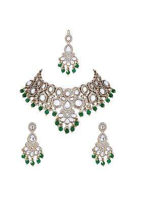 I Jewels Gold Plated Traditional Kundan and Pearl Drop Bridal Necklace with Earrings and Maang Tikka Jewellery