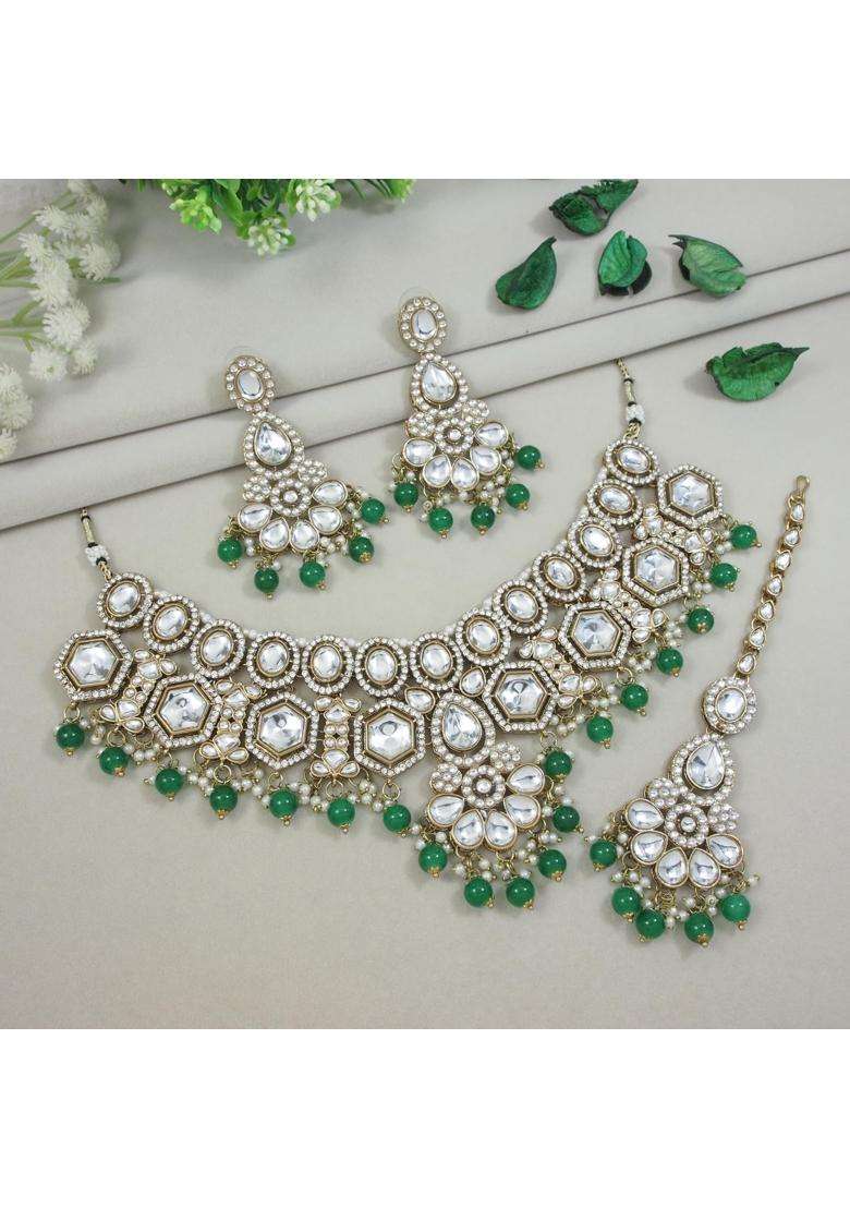I Jewels Gold Plated Traditional Kundan and Pearl Drop Bridal Necklace with Earrings and Maang Tikka Jewellery - Indya