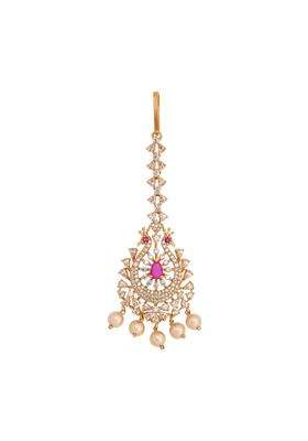 Kushals Fashion Jewellery Ruby Gold Rose Plated Zircon Maang Tikka for Women