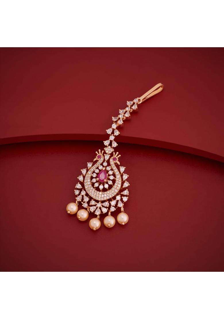Kushals Fashion Jewellery Ruby Gold Rose Plated Zircon Maang Tikka for Women - Indya