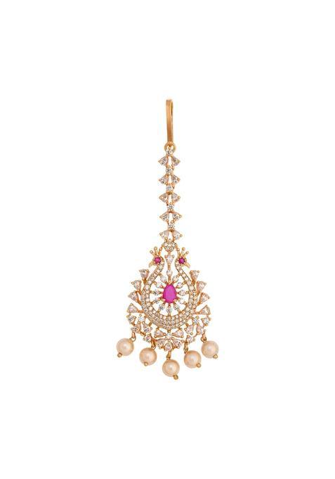 Kushals Fashion Jewellery Ruby Gold Rose Plated Zircon Maang Tikka for Women