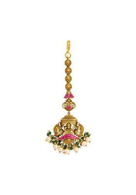 Kushals Fashion Jewellery Ruby Green Oxidised Gold Plated 925 Silver Temple Maang Tikka for Women