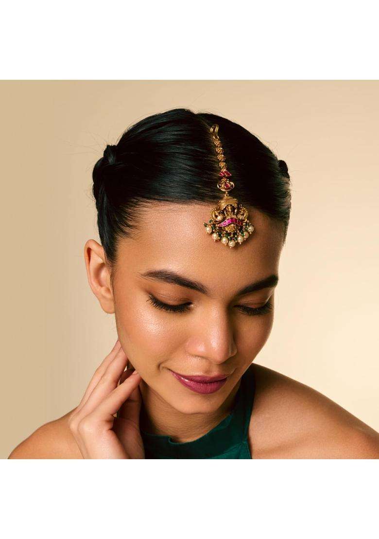 Kushals Fashion Jewellery Ruby Green Oxidised Gold Plated 925 Silver Temple Maang Tikka for Women - Indya