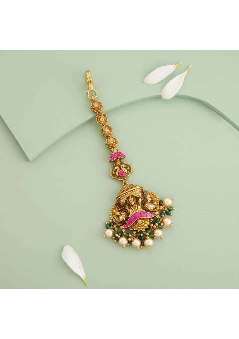 Kushals Fashion Jewellery Ruby Green Oxidised Gold Plated 925 Silver Temple Maang Tikka for Women - Indya