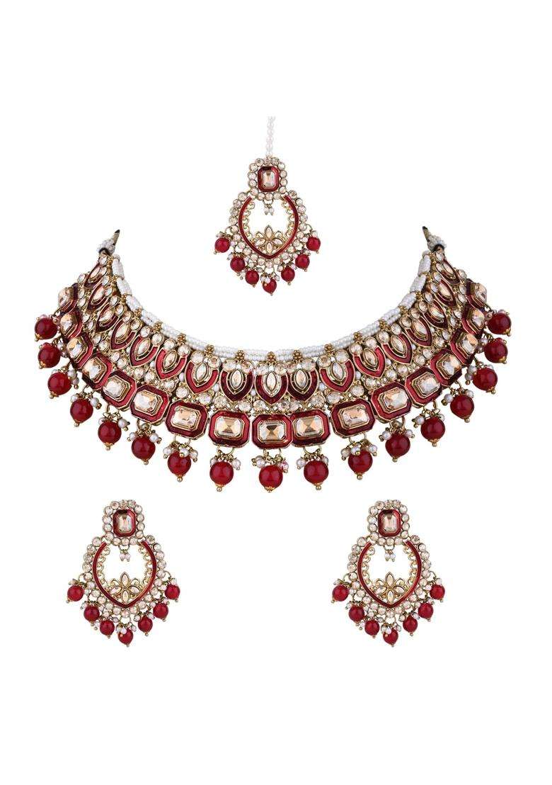 I Jewels Gold Plated Traditional Handcrafted Kundan and Pearl Chocker Necklace with Earrings and Maang Tikka - Indya