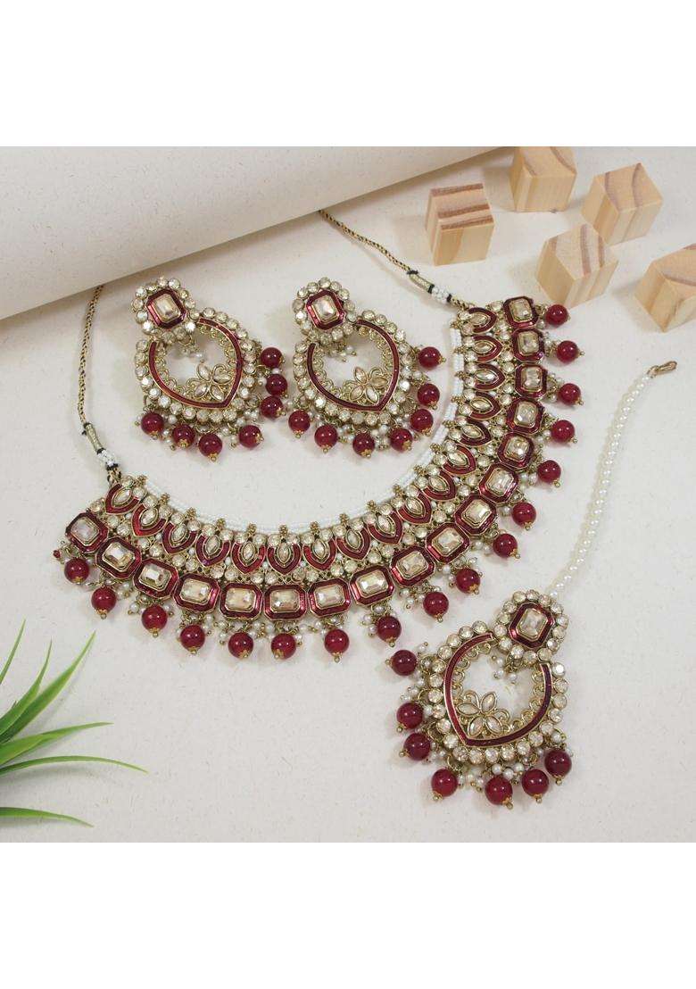 I Jewels Gold Plated Traditional Handcrafted Kundan and Pearl Chocker Necklace with Earrings and Maang Tikka - Indya