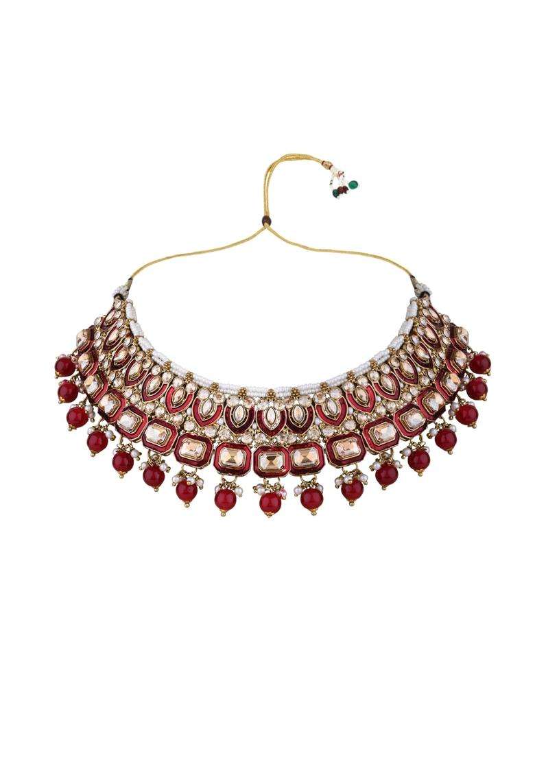 I Jewels Gold Plated Traditional Handcrafted Kundan and Pearl Chocker Necklace with Earrings and Maang Tikka - Indya