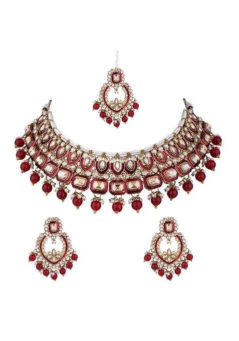 I Jewels Gold Plated Traditional Handcrafted Kundan and Pearl Chocker Necklace with Earrings and Maang Tikka