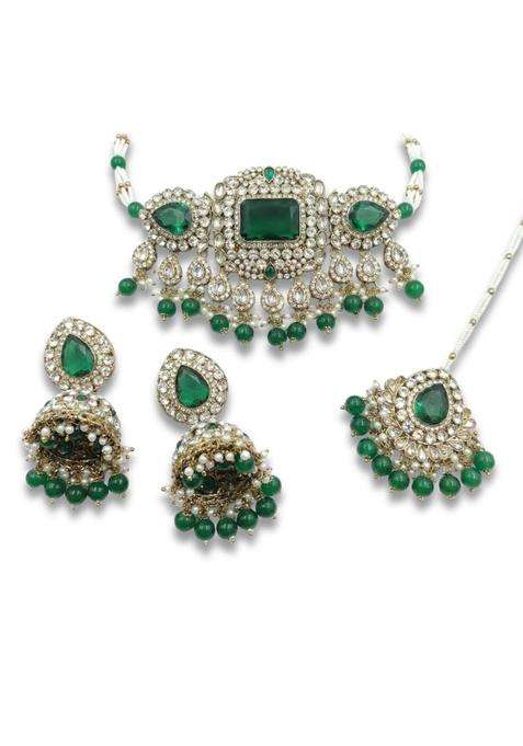 Reesha Jewel Green Choker Necklace Set with Jhumka Earrings and Maang Tikka