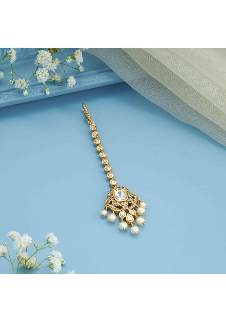 Kushals Fashion Jewellery White Victorian Plated Kundan Maang Tikka for Women - Indya