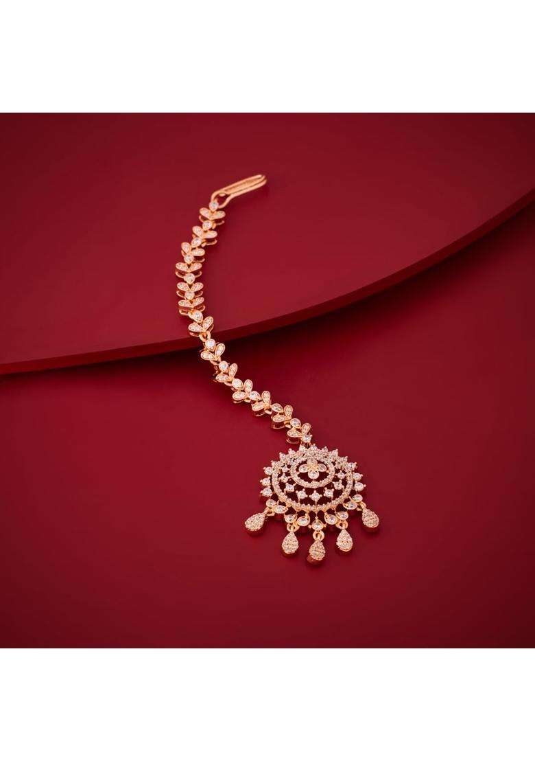 Kushals Fashion Jewellery White Gold Rose Plated Zircon Maang Tikka for Women - Indya