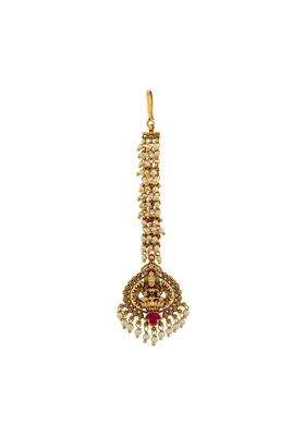 Kushals Fashion Jewellery Ruby Gold Plated Antique Maang Tikka for Women