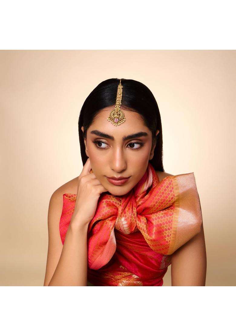 Kushals Fashion Jewellery Ruby Gold Plated Antique Maang Tikka for Women - Indya