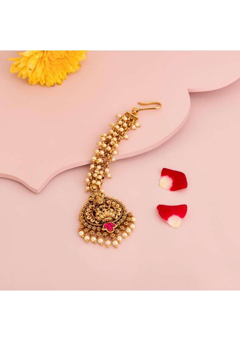 Kushals Fashion Jewellery Ruby Gold Plated Antique Maang Tikka for Women - Indya